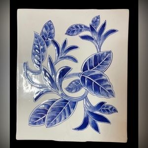 Vintage Blue & White Ceramic Hand Painted Tile 12" x 10.25" Chinoiserie